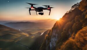A drone flying in the mountains a sunset