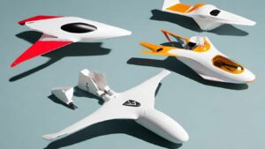 Create an image showcasing the diverse subtypes of fixed-wing drones, illustrating their unique features. Depict various designs such as VTOL, delta wing, flying wing, and blended wing body, highlighting their distinct shapes, sizes, and propulsion systems