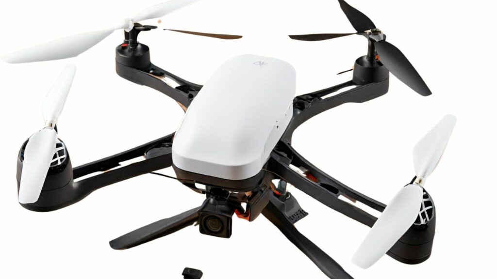 Close-up image of the AEE Sparrow2 drone, showcasing its sleek design, compact body, detailed rotor blades, and high-tech camera, set against a minimalist white background