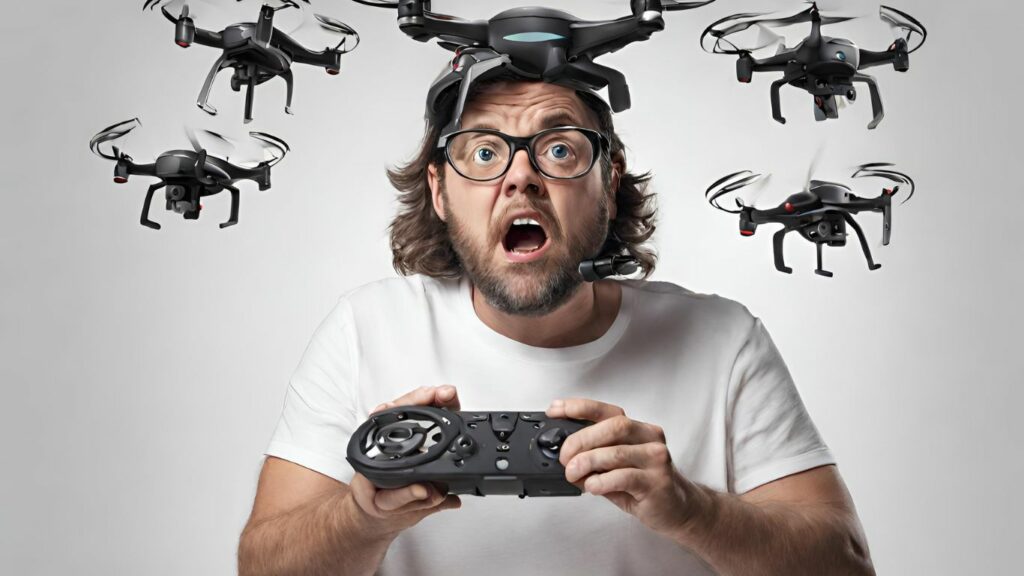 an image depicting a frustrated drone enthusiast hovering over their malfunctioning drone remote