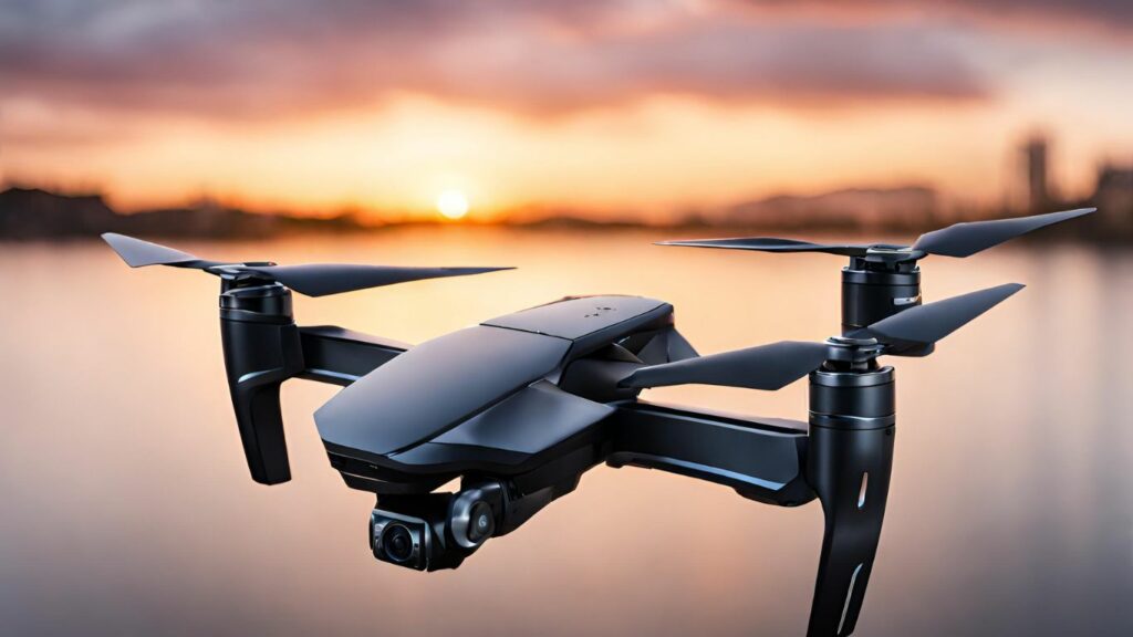  Drone hovering gracefully in the sky during a vibrant sunset