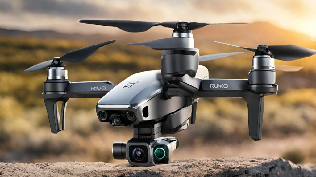 Ruko F11 foldable GPS drone soaring through a picturesque landscape