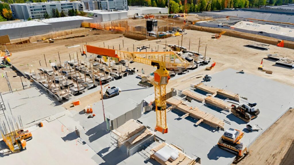 a construction site with a fleet of drones hovering above