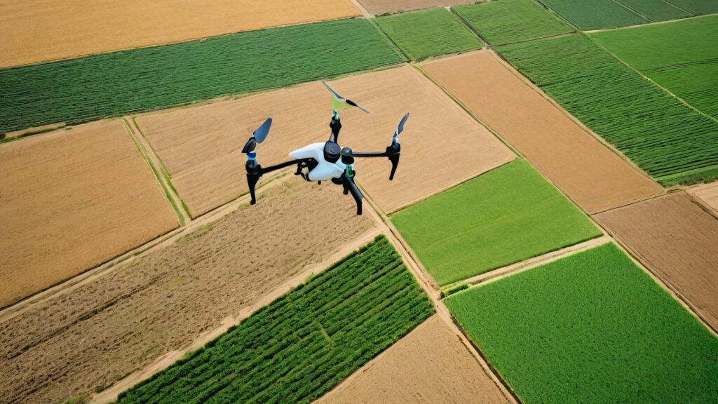 a drone hovering over a vast, lush field of crops