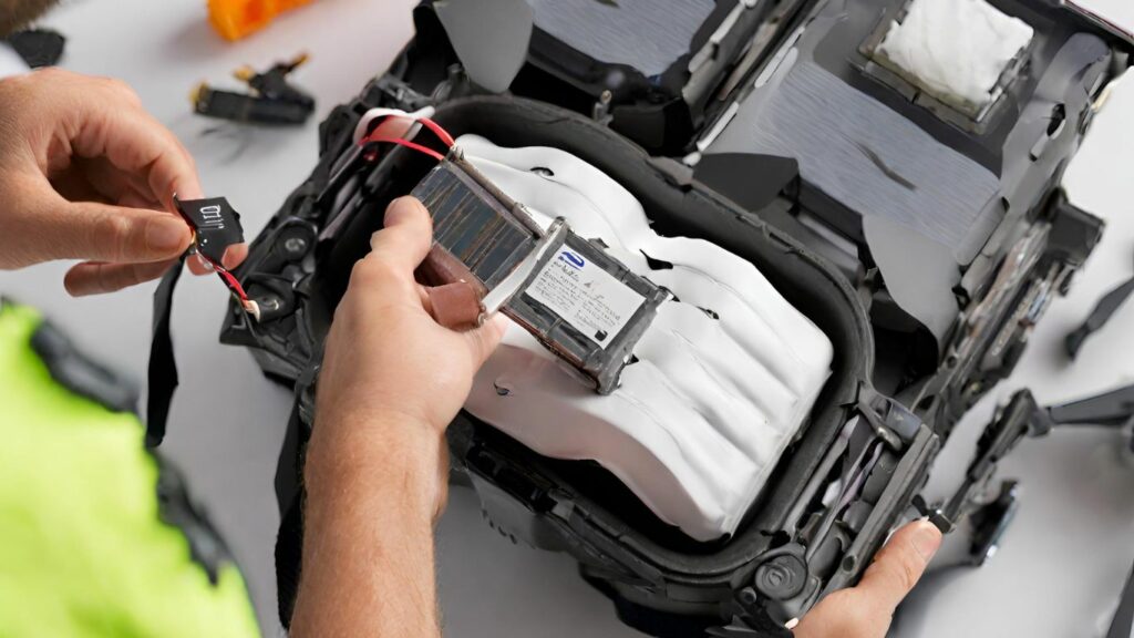 a person carefully inspecting a DJI drone battery