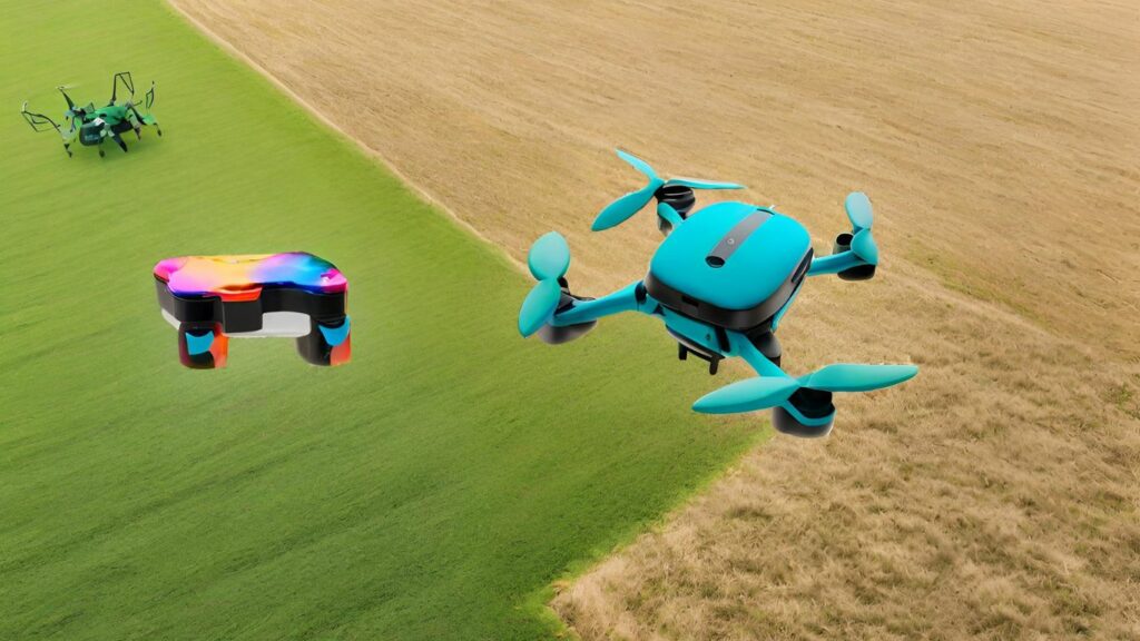 an image showcasing a colorful toy drone hovering over a vast open field, while a sleek commercial drone disappears into the distant horizon, highlighting the contrasting capabilities and limitations of each