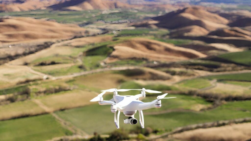 close up of drone showcasing a mid-range drone hovering above a picturesque landscape, capturing the vastness of its coverage