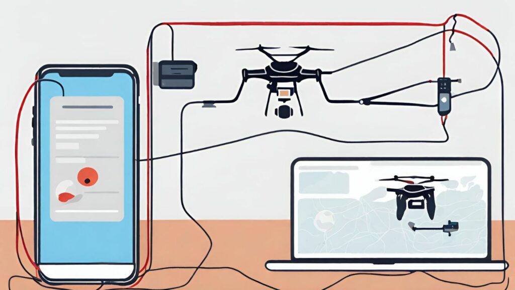 drone app icon, surrounded by a tangled web of different phone models, each with a red X over them