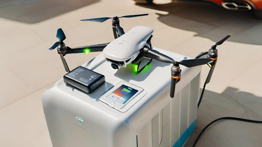 drone battery charging on a modern charging station
