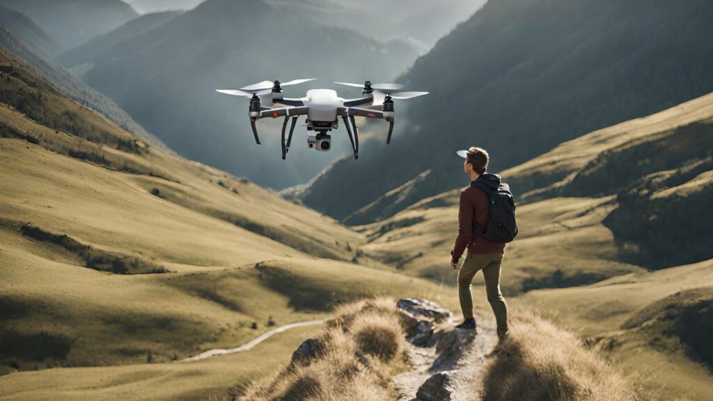 drone enthusiast hiking in a scenic mountain landscape, the DJI Mini 3 hovering above