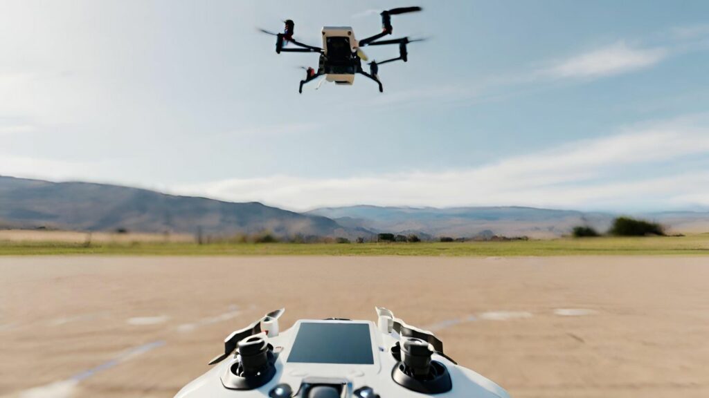  drone flying high above a vast landscape, with a clear line of sight between the controller and the drone