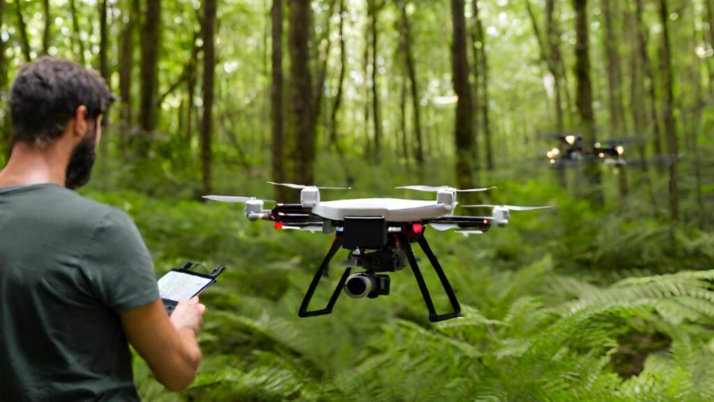 drone hovering above a lush forest, its battery indicator flashing red, signaling low power