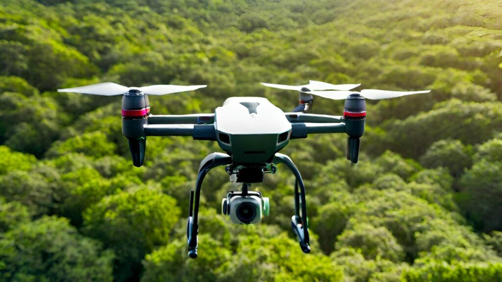 drone hovering above a lush green forest