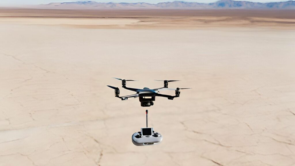 drone hovering above a vast, desolate landscape, its controller positioned far away