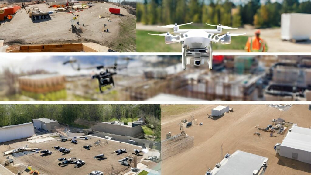 drone hovering over a construction site, capturing aerial footage of a landscape, delivering a package
