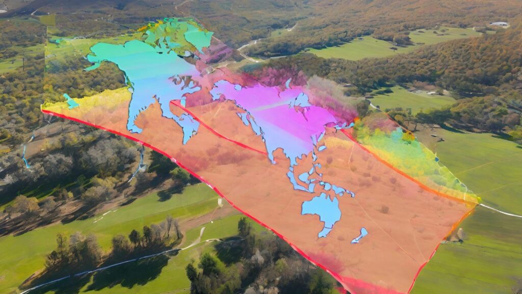 drone soaring high above a picturesque landscape, with a transparent, color-coded map overlay showing restricted flight zones and distance limitations