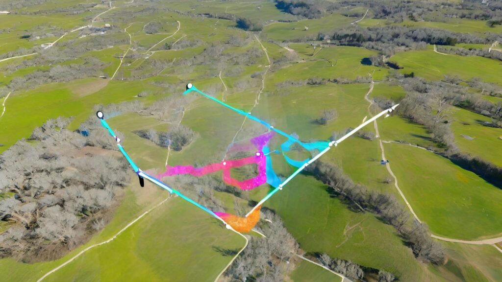 drone soaring high above a picturesque landscape, with a transparent, color-coded map overlay showing restricted flight zones and distance limitations 2
