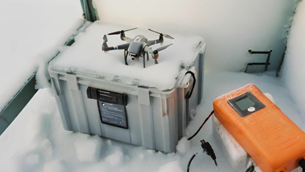 image depicting a drone battery connected to a charger, placed in a freezer