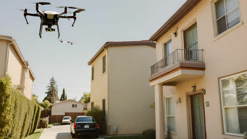  image depicting a serene residential neighborhood, with a police drone hovering overhead