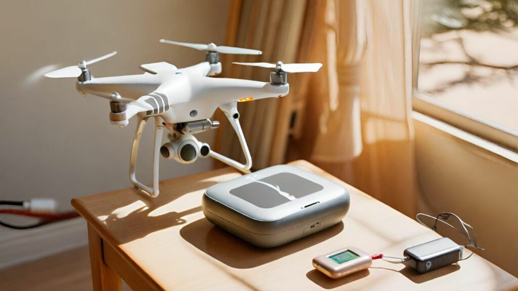 image depicting a serene, sunlit room with a drone resting on a charging pad