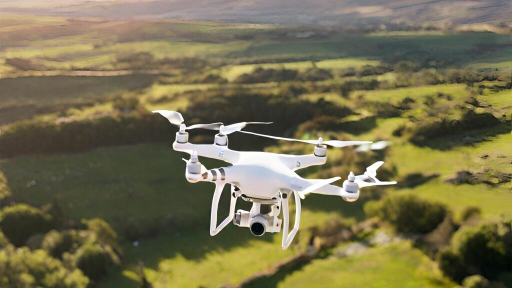 image showcasing a mid-range drone hovering above a picturesque landscape, capturing the vastness of its coverage