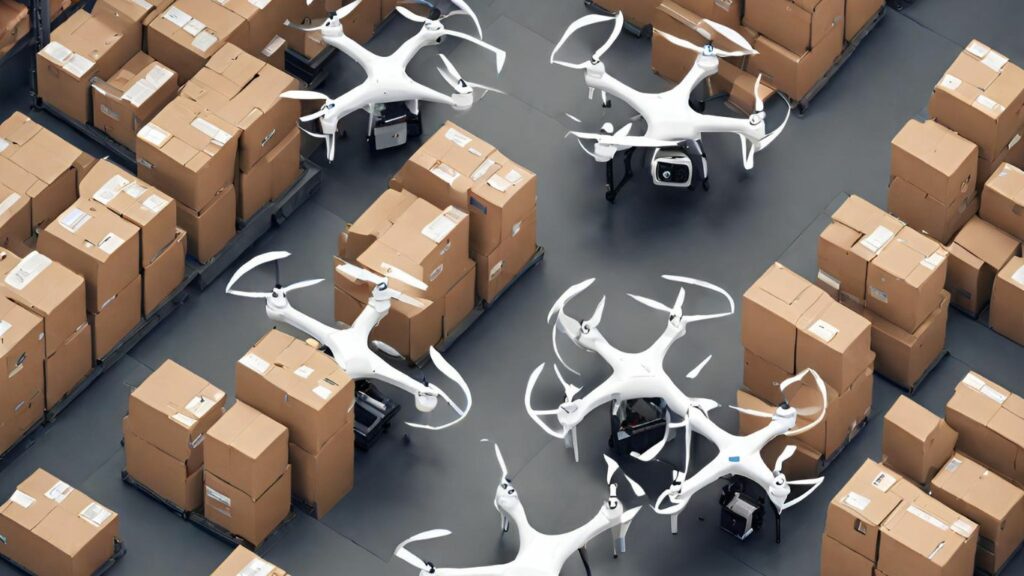 multiple drones in a warehouse