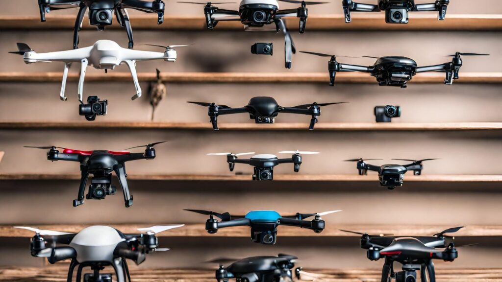 A diverse range of used drones displayed on a shelf