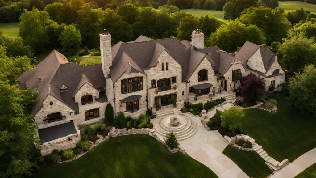 A drone capturing high-angle shots of a beautiful, sprawling residential property in Kansas City