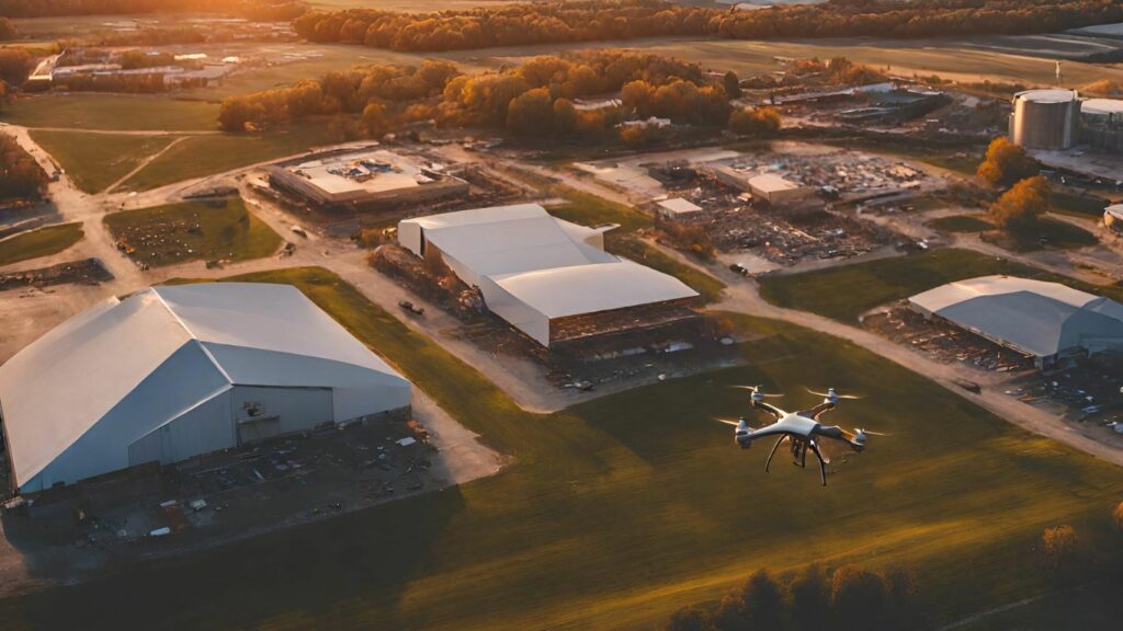 A drone flying over Kansas City's diverse industries like agriculture, construction, and film