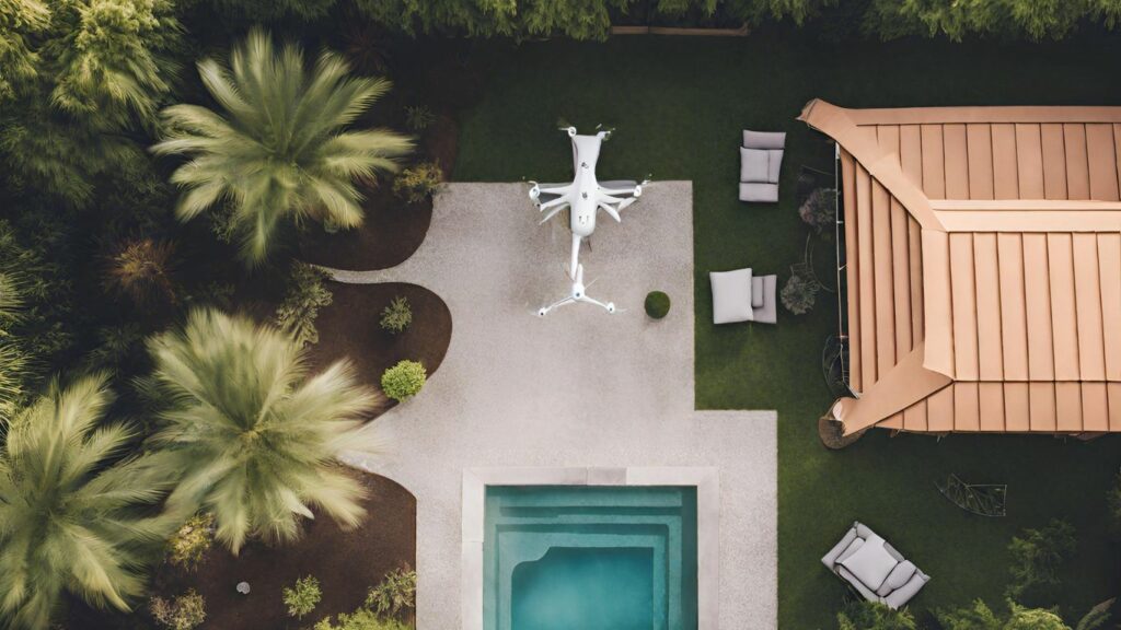 A drone hovering above, capturing the private space