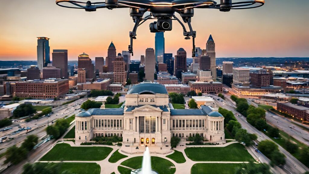 A drone hovering above the picturesque skyline of Kansas City