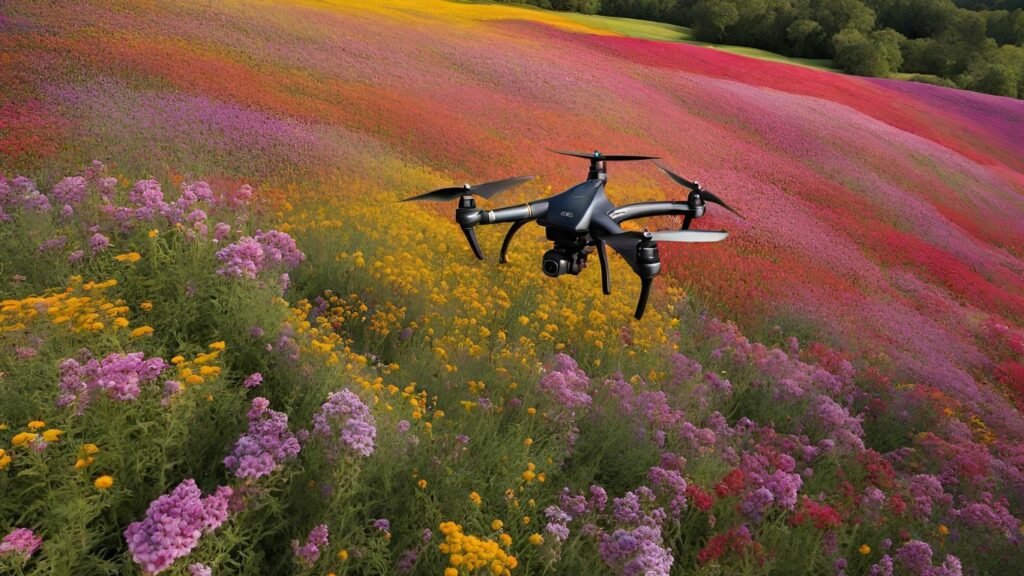 A drone hovering just inches above a colorful field of wildflowers