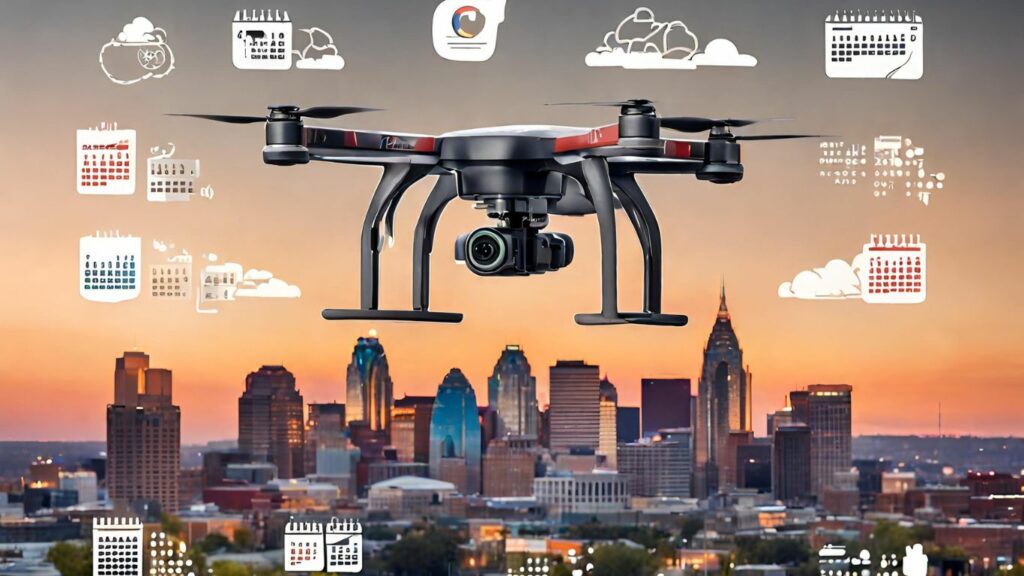 A drone hovering over Kansas City skyline at sunset, with highlighted icons of a calendar