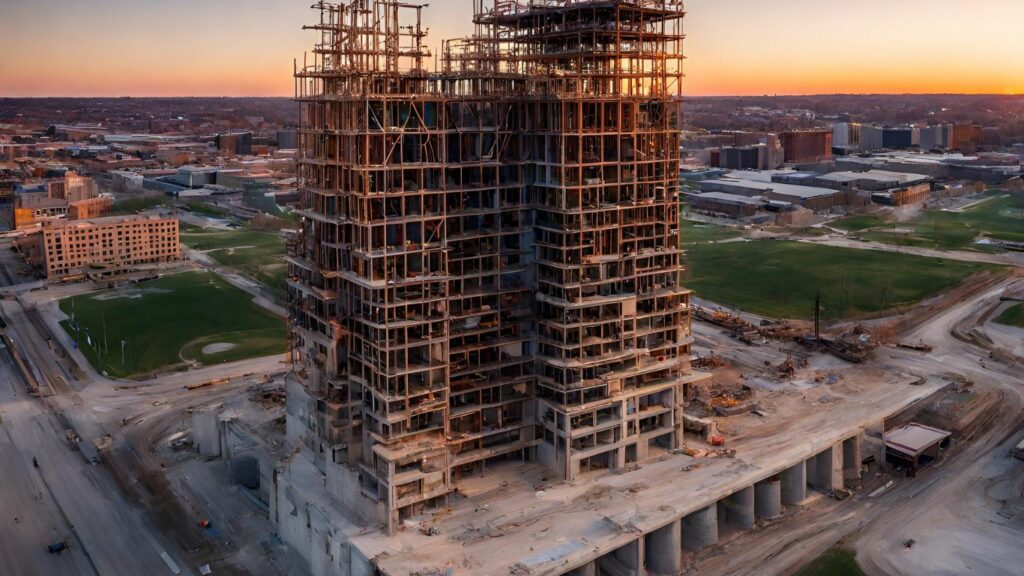 A drone hovering over a Kansas City construction site at sunset