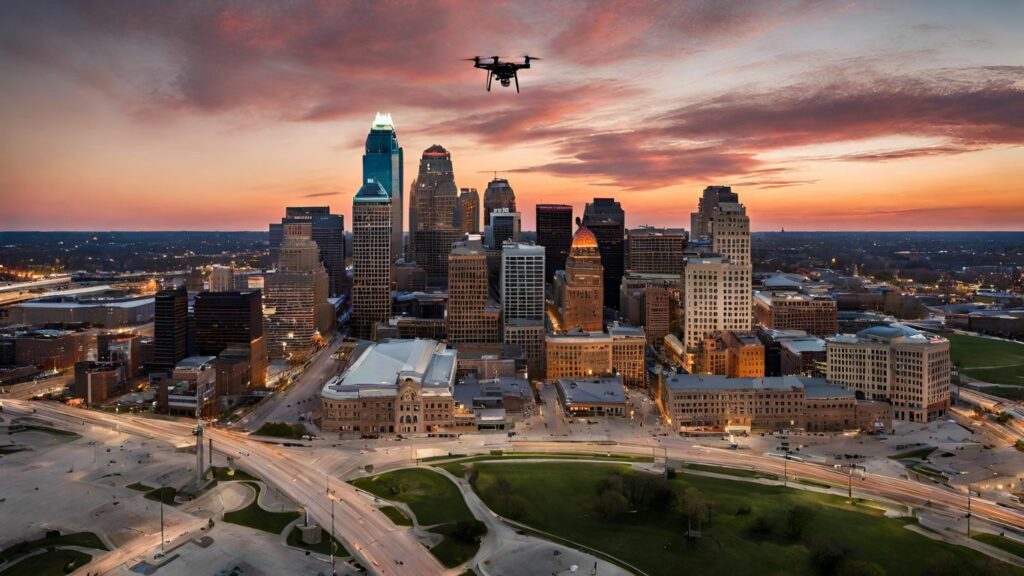 A drone soaring above Kansas City's skyline at sunset, capturing high-resolution images