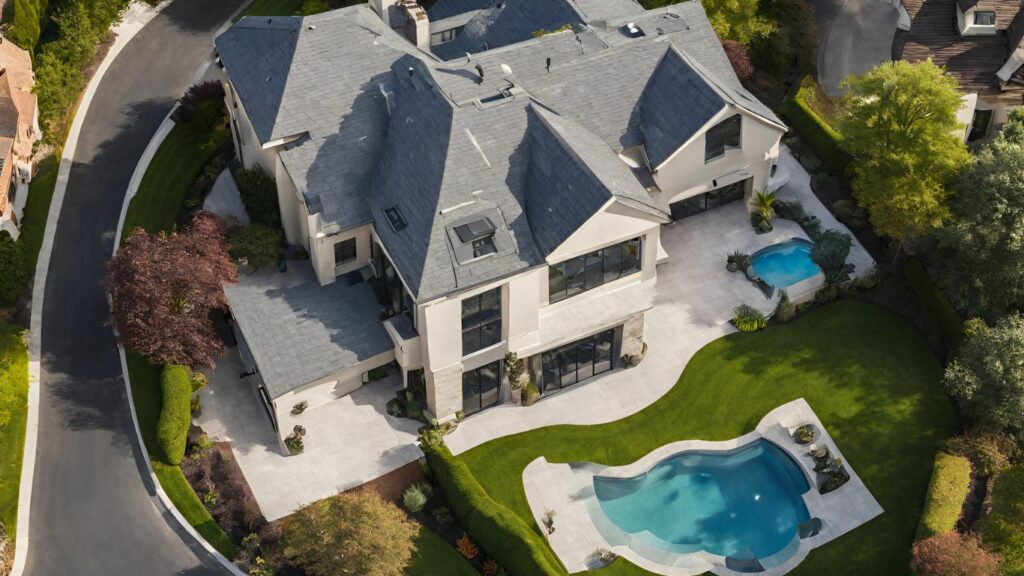 A professional drone hovering over a luxurious suburban property