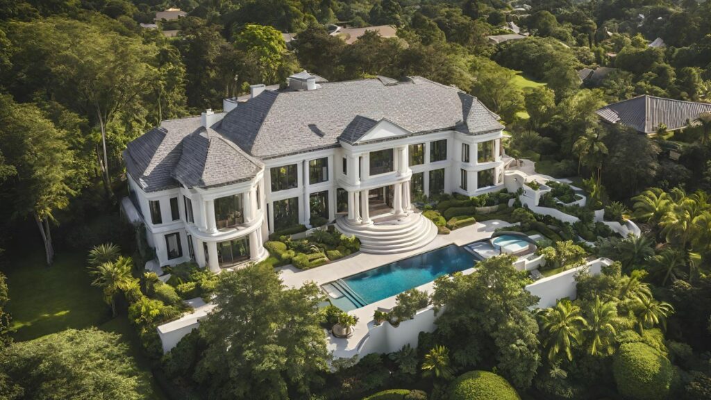 A stunning aerial view of a luxurious home