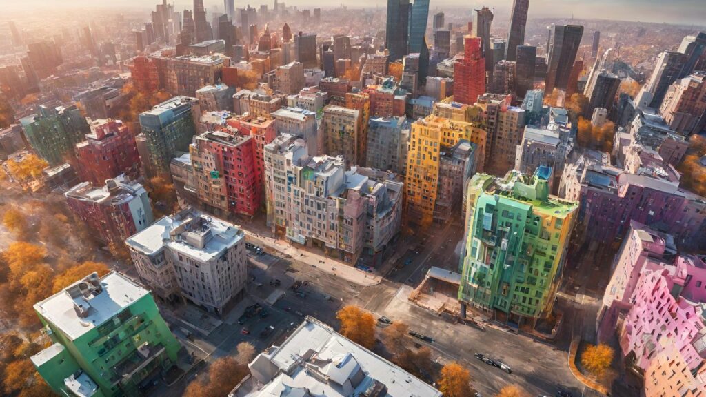 An aerial view of a colorful cityscape