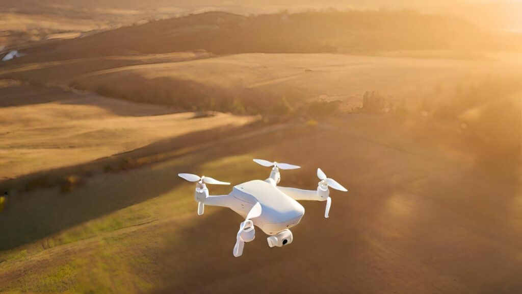 Image capturing the ethereal beauty of a Holy Stone drone hovering above a serene landscape during the golden hour