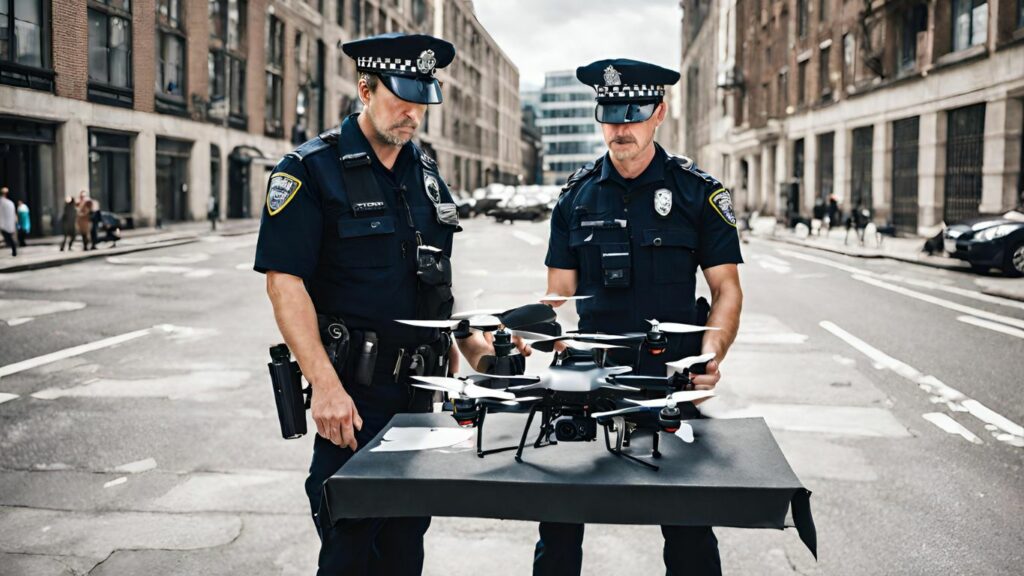 Police officers confiscating a drone