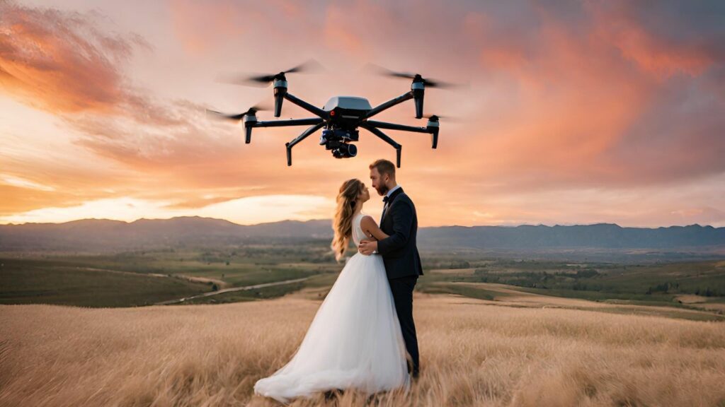 The drone hovers delicately, capturing the couple's blissful embrace