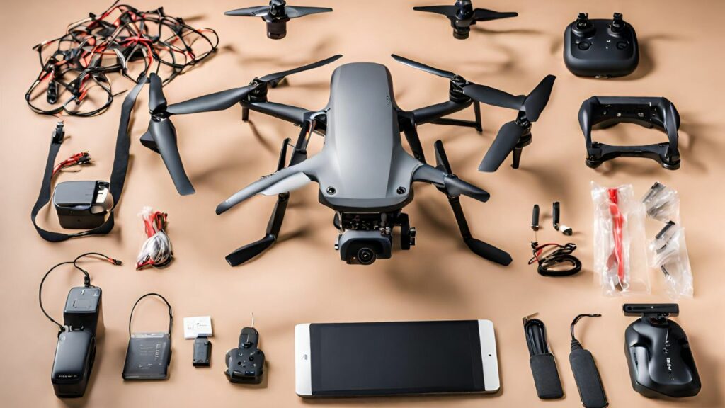 The drone itself, alongside various accessories