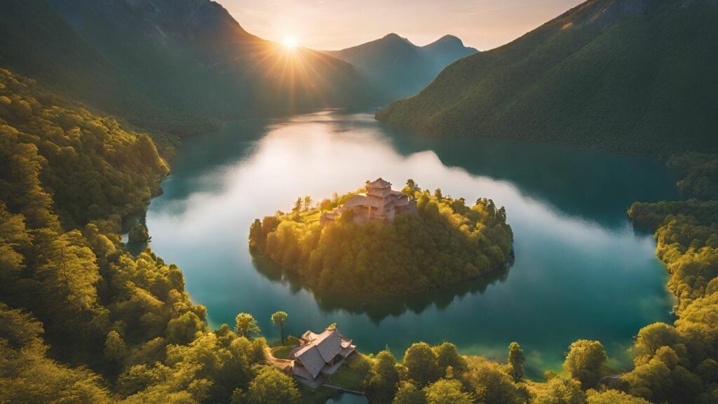 The drone's camera focuses on a picturesque lake nestled amidst lush greenery
