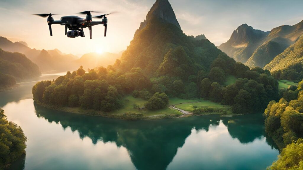 Mountainous terrain at sunrise, with a Holy Stone drone hovering above
