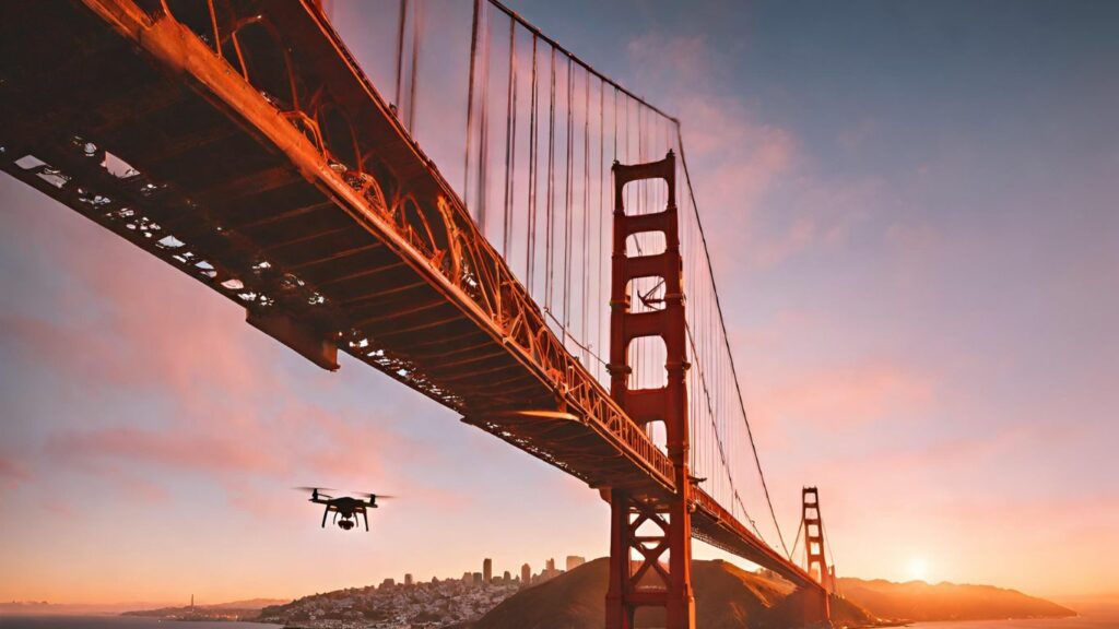 A drone hovering above San Francisco's iconic Golden Gate Bridge
