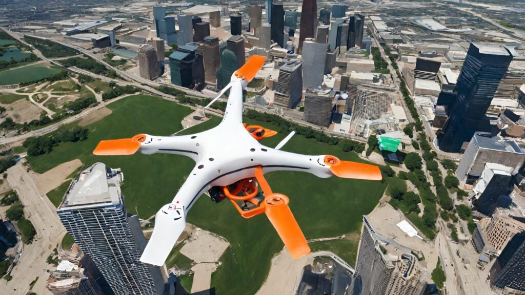 A drone soaring over Dallas skyline