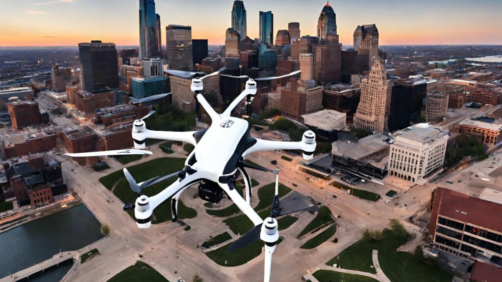 Drone hovering above Kansas City's skyline