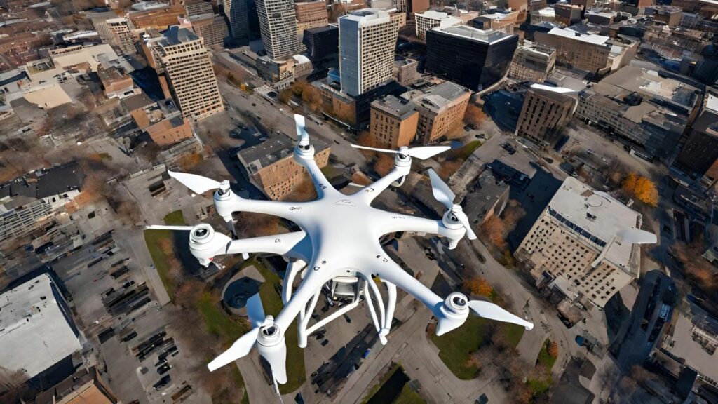 Drone hovering over Akron cityscape