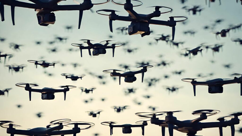 large swarm of drones flying in formation
